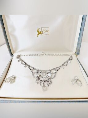 Vintage Signed Coro Rhinestone Necklace Earrings Set Baguette Clip On 50s Glam